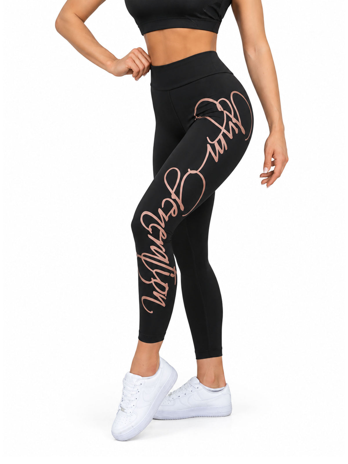 Legging d’entraînement femme noir avec grand lettrage Gym Generation or rose sur la jambe