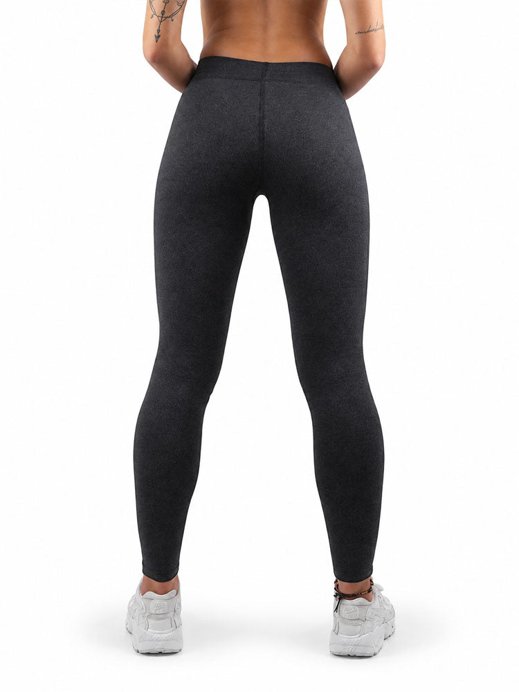 Leggings Damen Dunkelgrau von hinten mit Mittelnaht und schmalem Bund, meliert, Gym Generation