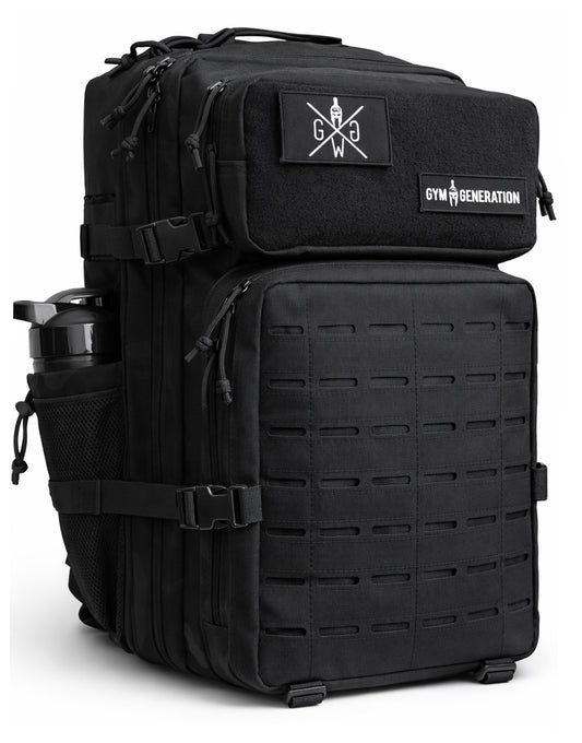 Gym Generation schwarzer Tactical Gym Rucksack 45L mit MOLLE-Frontpanel, Patch-Klettfläche und seitlichem Shaker- & Flaschenhalter – robuster Fitness-, Reise- & Outdoor-Rucksack für Krafttraining, Cross Training, HYROX, Travel und Daily Carry