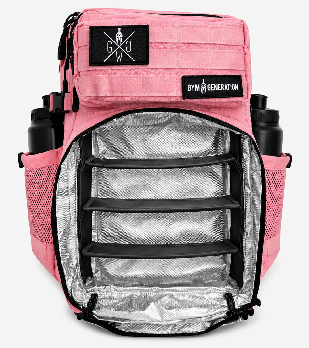 Gym Generation Damen Gym Rucksack Meal Prep in Pink mit geöffnetem isoliertem Kühlfach, Fächereinteilung, Shakern und Flaschenfächern