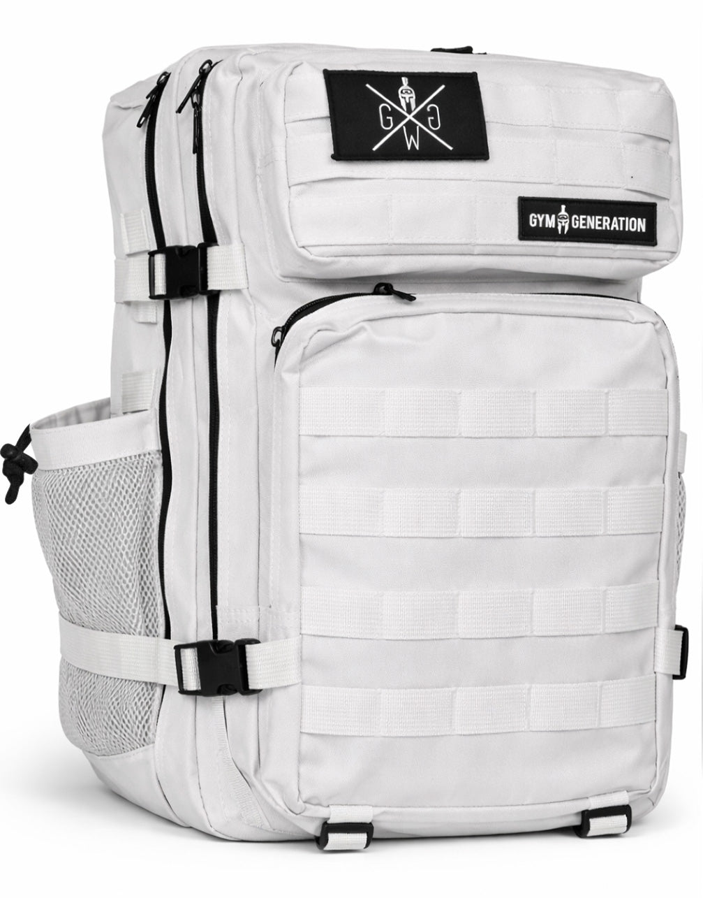 Weisser Tactical Fitness Rucksack 45L von Gym Generation – moderner Gym-, Reise- & Lifestyle-Rucksack mit MOLLE-System, Patch-Flächen und funktionalem Stauraumdesign