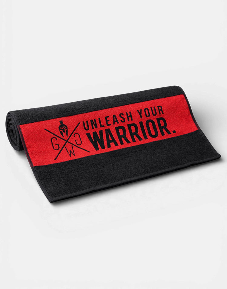 Schwarzes Fitness Handtuch von Gym Generation mit rotem ‚Unleash Your Warrior‘-Print – hochwertiges Sporthandtuch für Fitnessstudio und Training