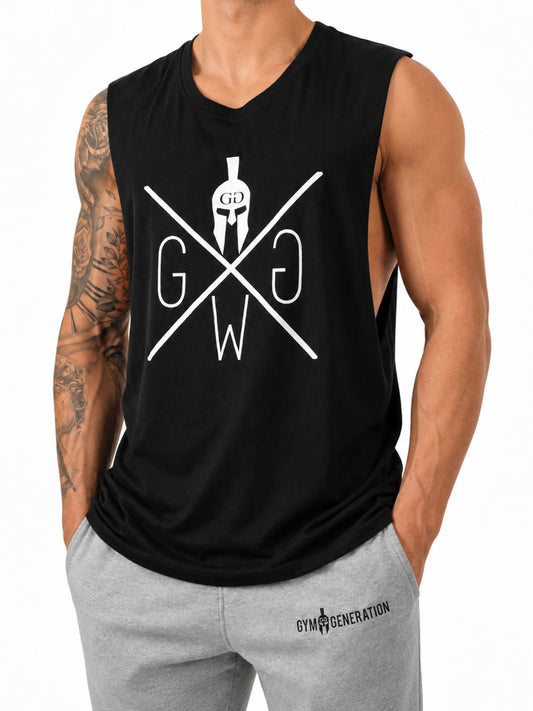 Schwarzes Muscle Cut Tank Top Herren im Halbprofil mit weitem Armausschnitt