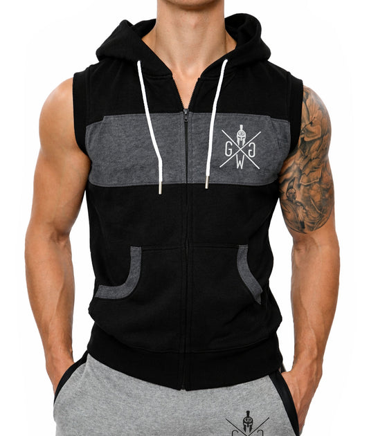 Gym Generation ärmelloser Zip Hoodie schwarz-grau Herren – Frontansicht mit Reißverschluss, GGW Spartaner Logo, Sleeveless Gym Hoodie für Krafttraining & Fitness
