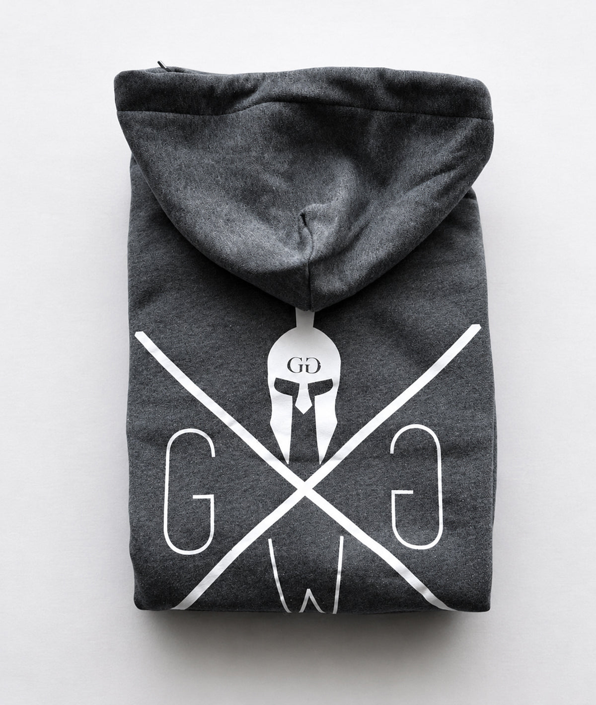Gym Warriors Hoodie ohne Ärmel gefaltet mit grossem weissem Logo-Print auf anthrazitfarbenem Sweatstoff