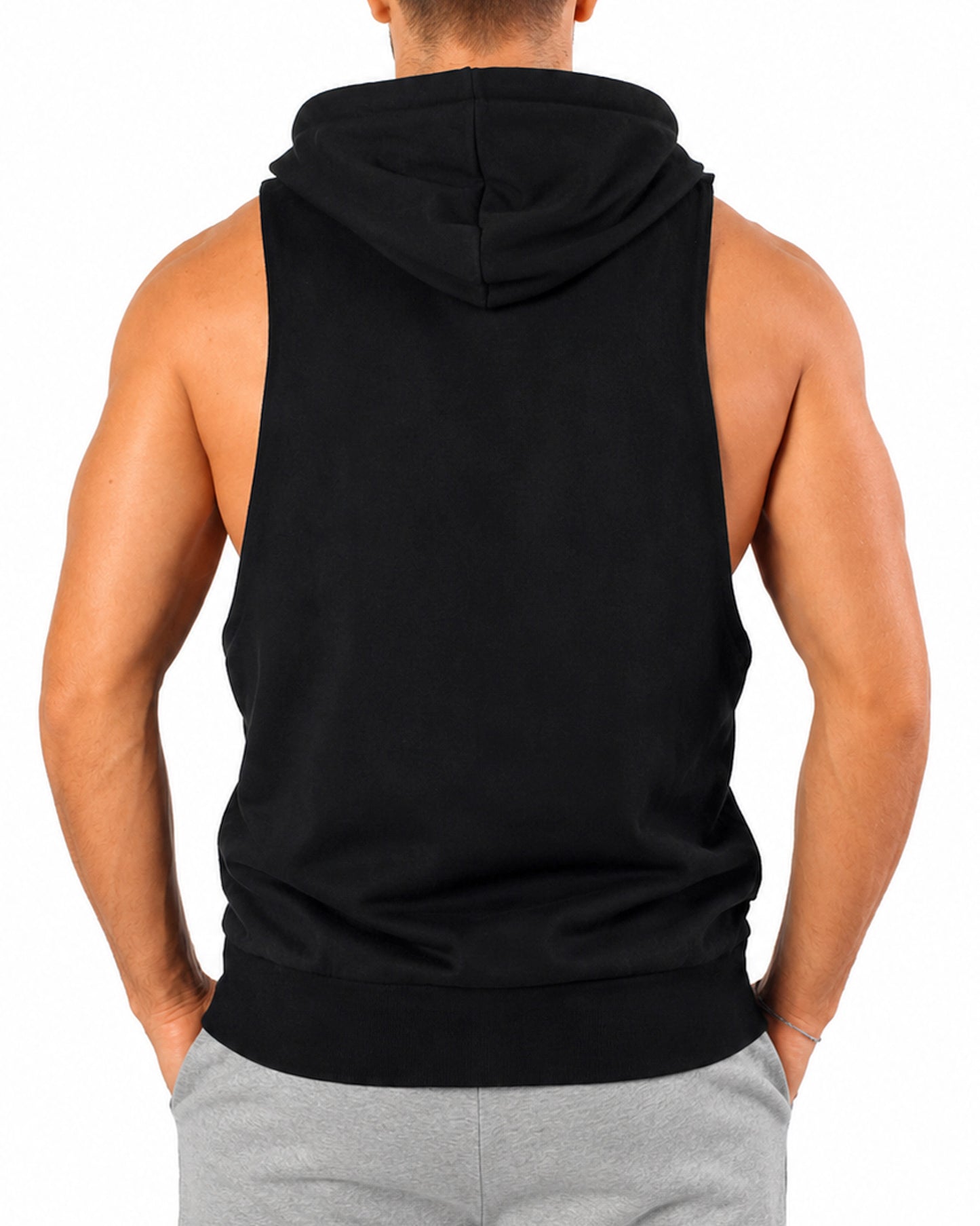 Schwarzes Gym Tank Top mit Kapuze für Herren in Rückenansicht von Gym Generation