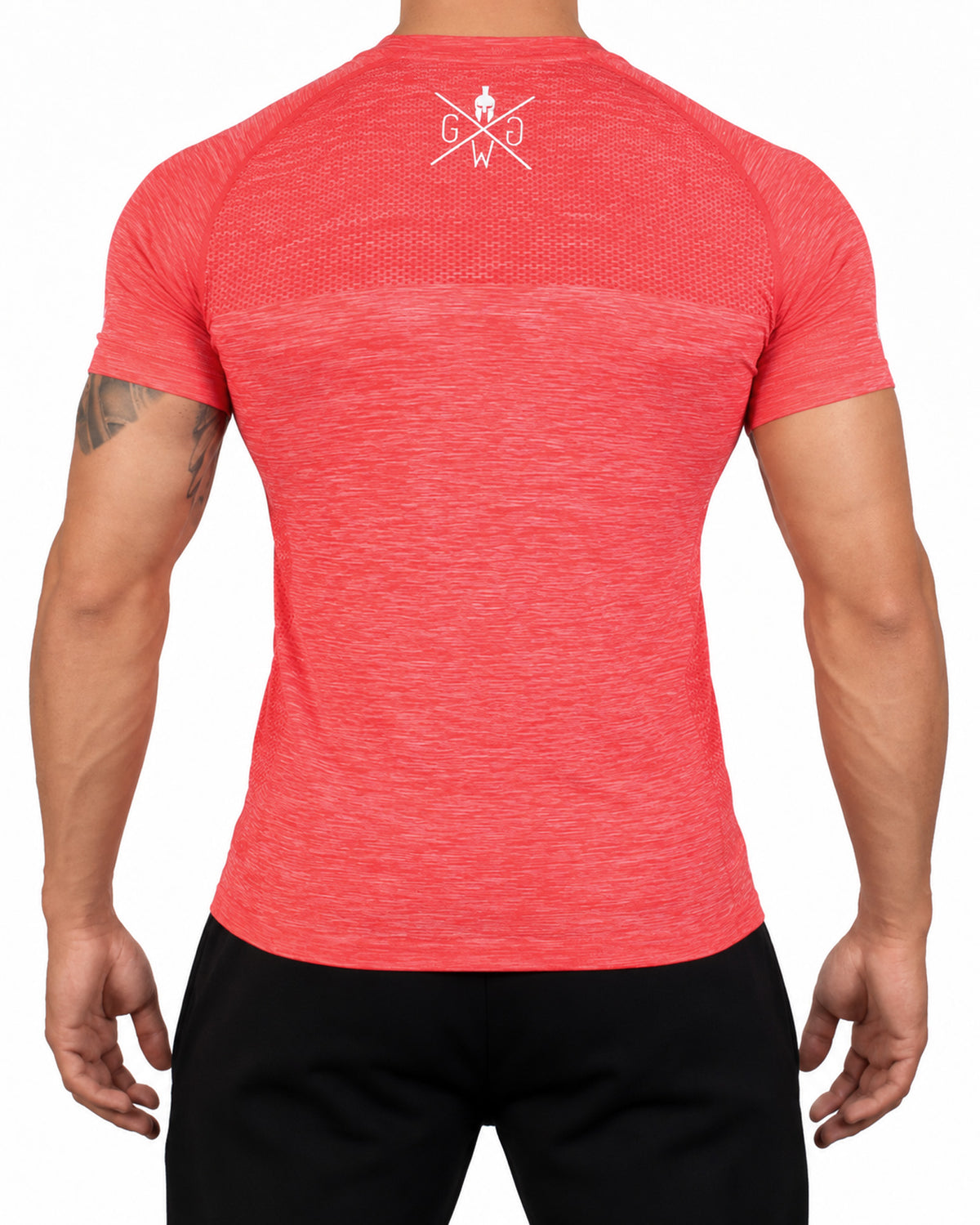Back view of the red men's seamless t-shirt with honeycomb knit on the upper back and white logo on the neck, Gym Generation