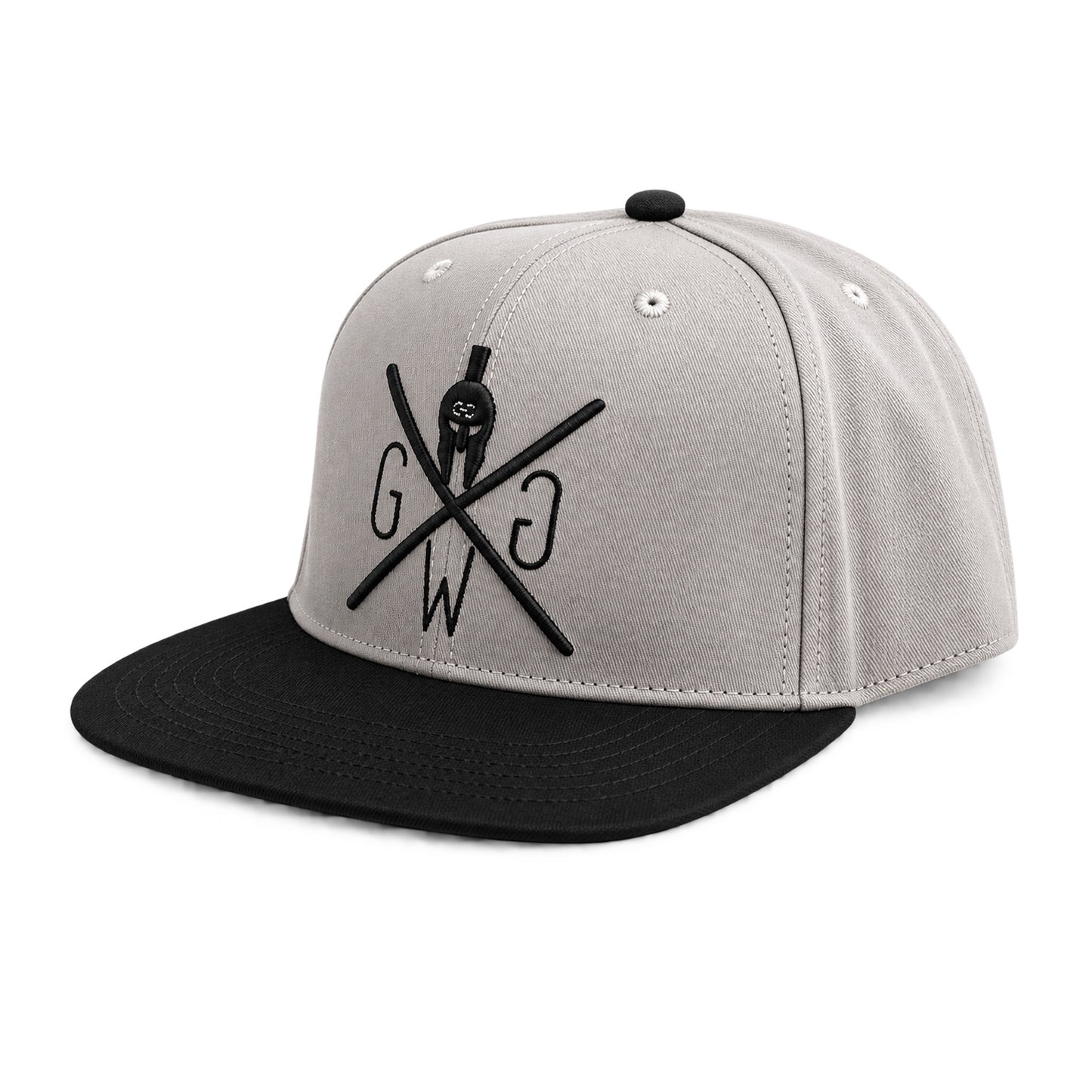 Graue Cap mit Stick von Gym Generation in der Seitenansicht mit schwarzem Schirm und strukturierter Krone