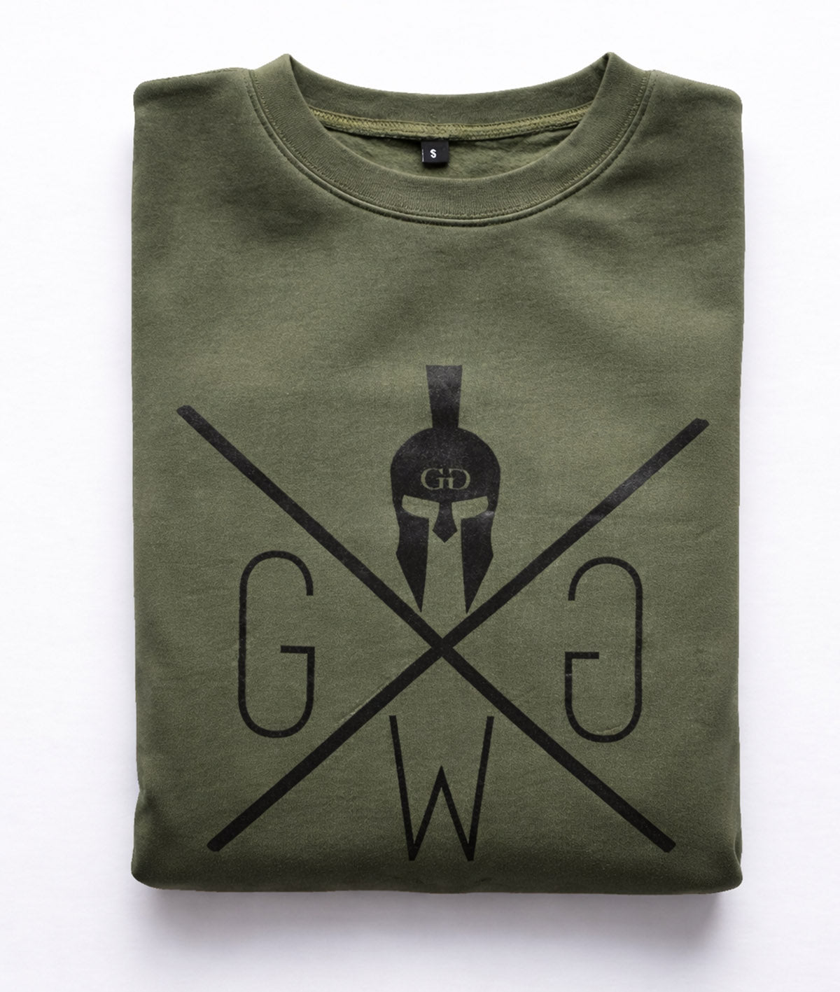 Gym Generation Herren Sweatshirt Olive Flatlay – hochwertiger Gym Fitness Pullover mit schwarzem Warrior Kreuz Logo, minimalistisches Sport-Lifestyle Design