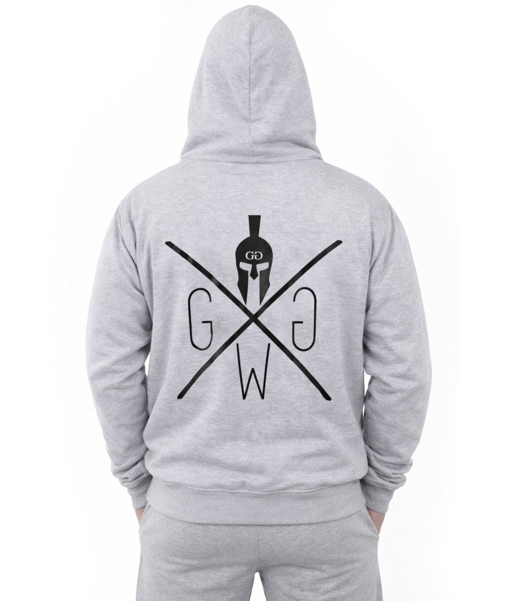 Grauer Gym Hoodie Herren von Gym Generation in Rückenansicht mit großem Spartaner Logo Print, Fitness Hoodie für Krafttraining, Gym Lifestyle, Streetwear und Athleisure