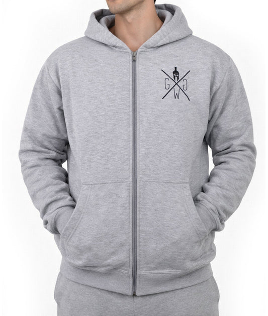 Grauer Gym Generation Zipper Hoodie für Herren, Frontansicht mit Spartaner Logo, Premium Fitness Hoodie für Gym, Krafttraining, Streetwear und Performance Lifestyle