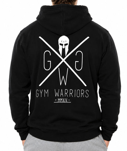 Gym Warriors Hoodie Herren Schwarz von hinten getragen mit weissem Rückenprint und Kapuze