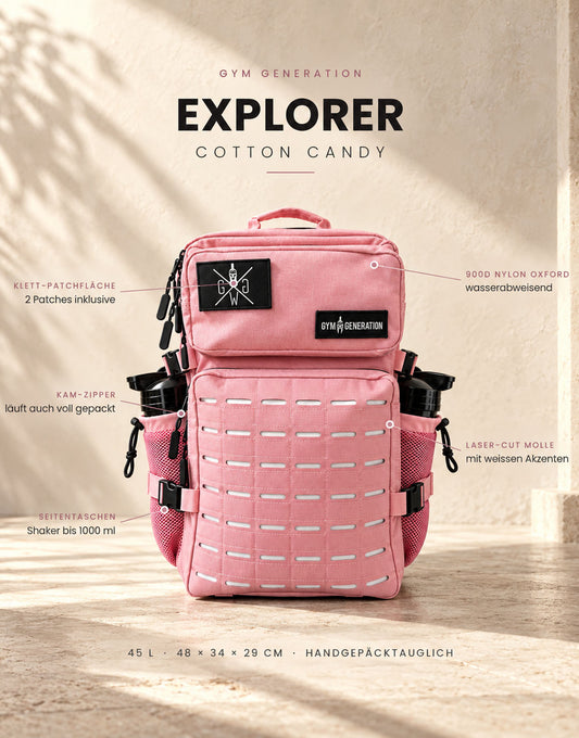 Explorer Cotton Candy Gym Rucksack mit Detailbeschriftung: Klett-Patchfläche, KAM-Reissverschlüsse, Seitentaschen für Shaker bis 1000 ml, 900D Nylon und Laser-Cut MOLLE, 45 Liter
