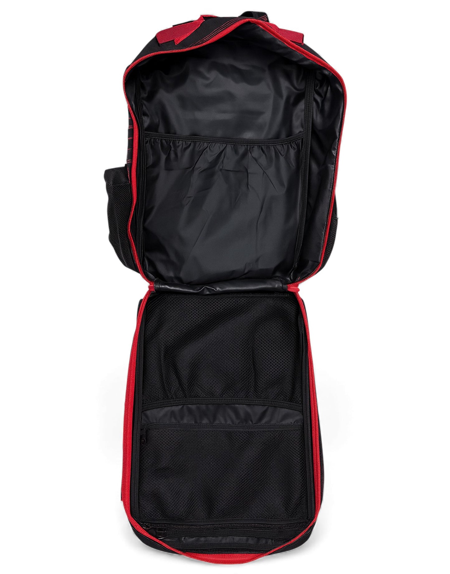 Geöffnete Innenansicht des Gym Generation ›No Pain No Gain‹ Gym Edition Rucksacks in Schwarz-Rot mit grossem Hauptfach, separaten Innenfächern und robuster Innenauskleidung