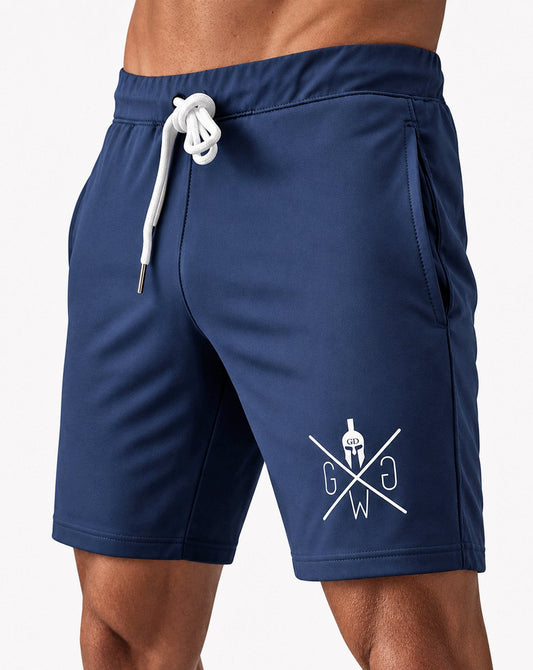 Gym Shorts navy blau Herren von Gym Generation in schräger Ansicht – leichte Fitness Shorts mit Kordelzug für Workout, Training und Fitnessstudio