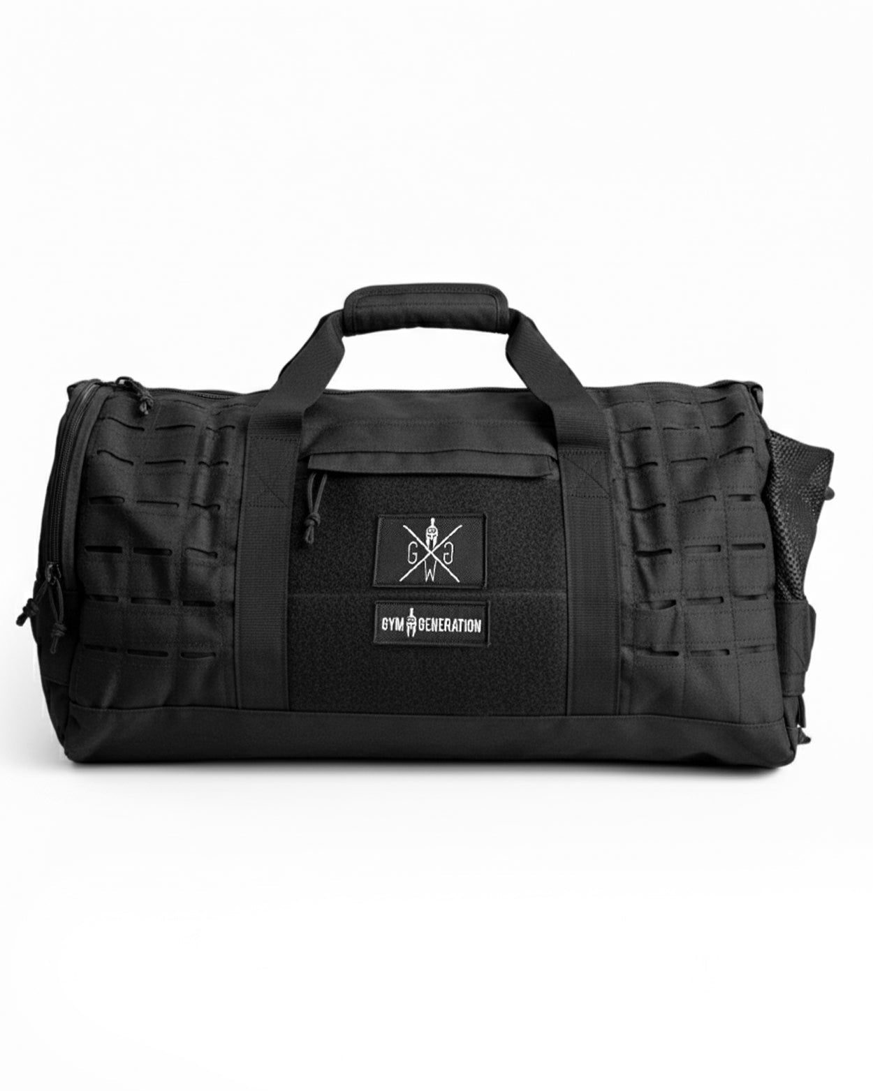 Schwarze Fitness Sporttasche – Geräumige und robuste Tasche von Gym Generation, mit individuellem Patch-Design und hochwertiger Verarbeitung.