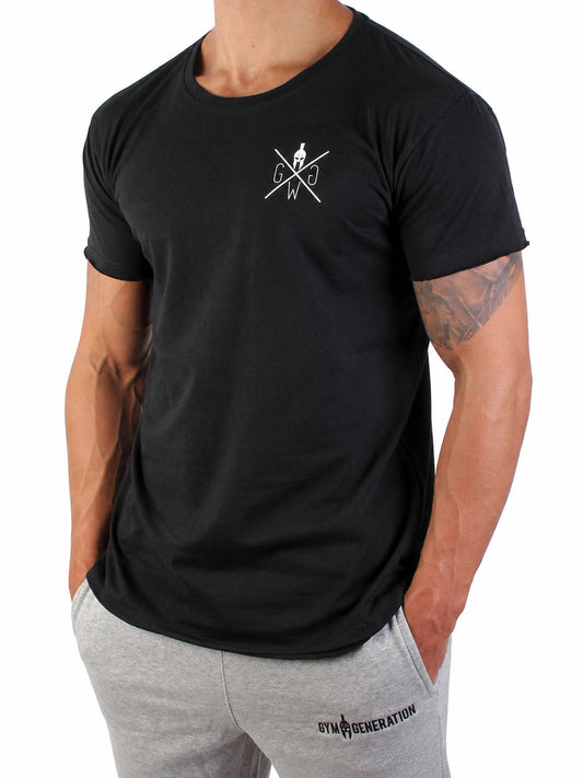 Schwarzes Gym T-Shirt für Herren von Gym Generation mit kleinem Frontlogo und grauer Trainingshose