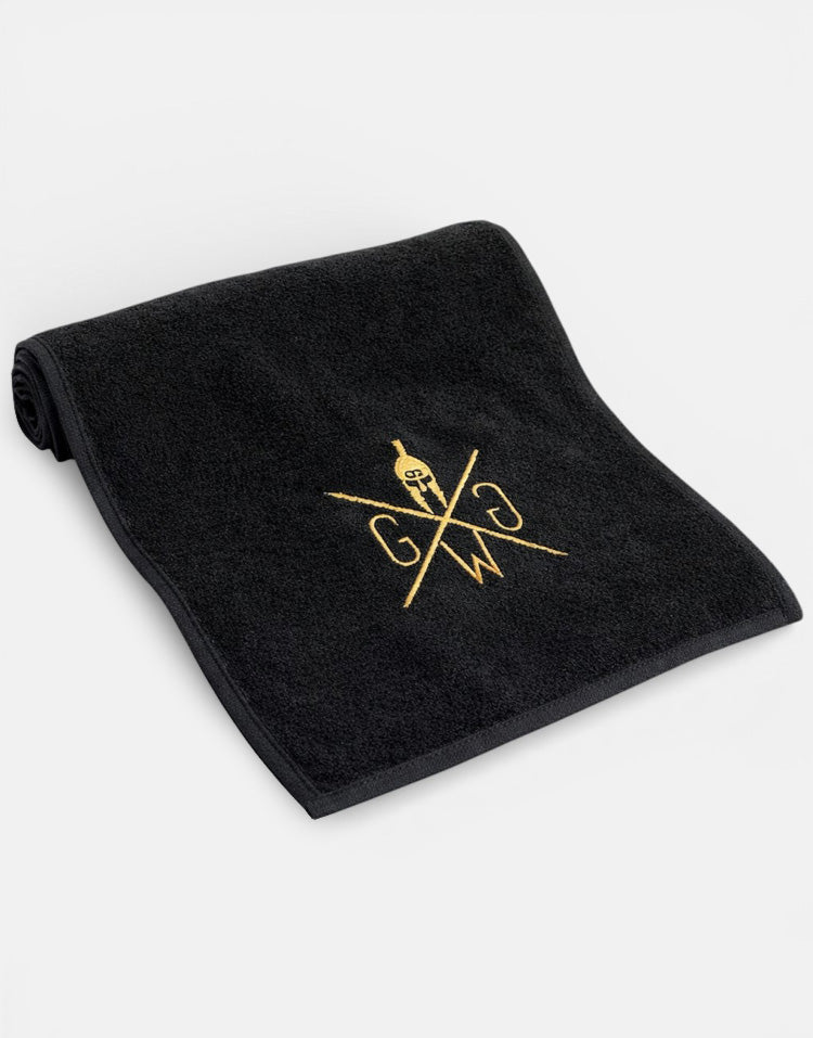 Hochwertiges schwarzes Sporthandtuch von Gym Generation mit edler Gold-Stickerei – saugfähiges Premium Gym Handtuch für Training und Fitnessstudio