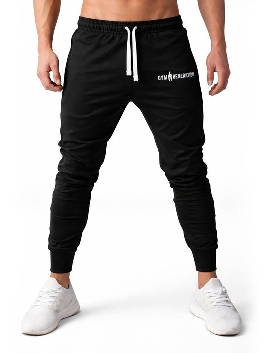 Schwarze Herren Sporthose von Gym Generation in Slim-Fit Passform mit elastischem Bund, weissem Kordelzug und Premium Trainingsdesign für Fitness und Gym