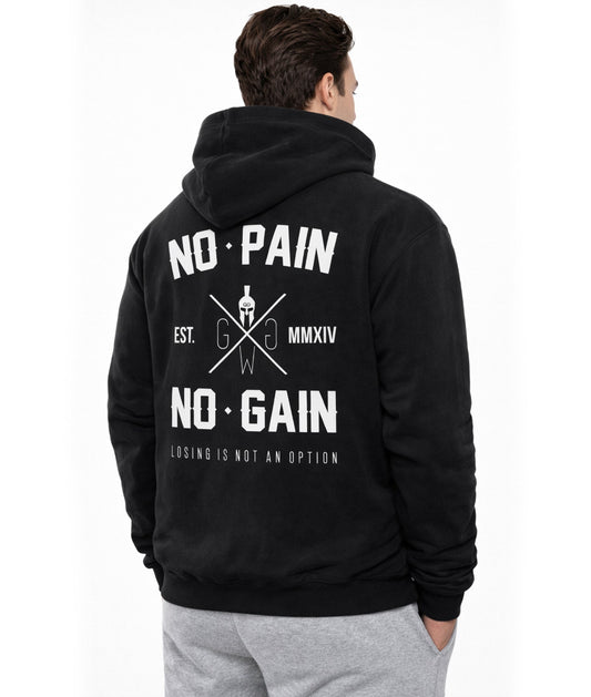 Schwarzer No Pain No Gain Gym Hoodie Herren von Gym Generation, Rückenansicht mit großem Statement Print, Fitness Hoodie für Krafttraining, Bodybuilding, Gym Lifestyle und Athleisure Wear