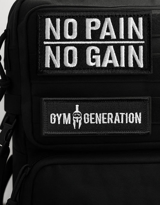 Motiv-Patches mit Klettverschluss auf schwarzem Gym Rucksack – No Pain No Gain & Gym Generation Aufnäher für Fitness Lifestyle, Training & Urban Style