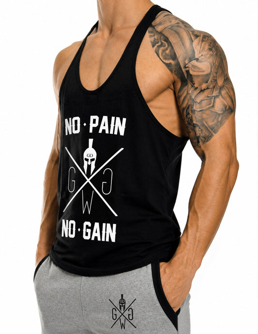 Gym Generation Stringer No Pain No Gain in Schwarz mit weissem Print – Schriftzug No Pain No Gain mit Spartaner-Helm und GGW-Logo, ärmelloses Muskelshirt für Herren im Racerback-Schnitt