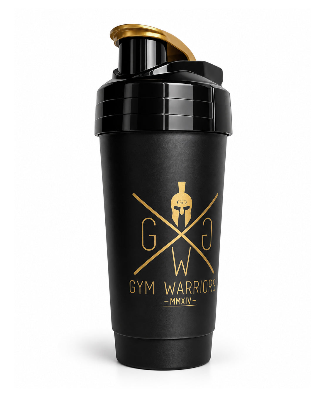 Eiweiss Shaker Schwarz Gold in Seitenansicht mit Gym Warriors Logo in Gold und glänzendem Schraubdeckel mit goldenem Klappverschluss