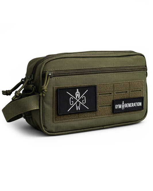 Fitness Kulturbeutel olive grün Gym Generation – robuster Sport und Reise Kulturbeutel mit Klett Patch Fläche für Fitnessstudio, Gym und Training