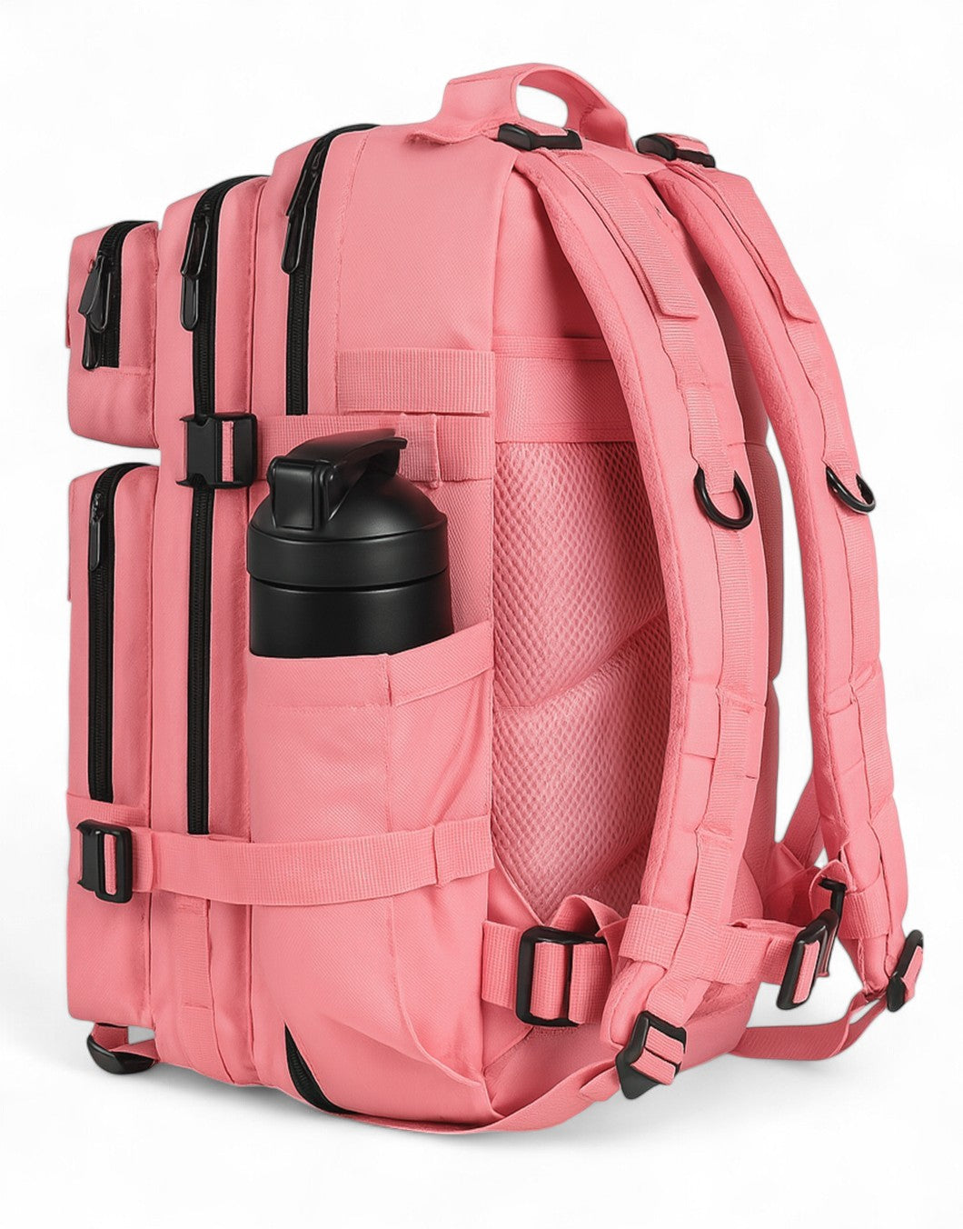 Gym Rucksack pink Seitenansicht mit schwarzen Reissverschlüssen, gepolsterten Trägern und seitlicher Flaschenhalter-Tasche, ideal für Fitness, Sport und Alltag