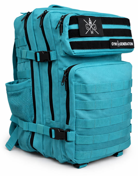 Reise- & Surf-Rucksack 45L in Türkis von Gym Generation – vielseitiger Gym-, Outdoor- & Handgepäck-Rucksack mit MOLLE-Front, Patch-Klett und Platz für Sport- & Reise-Equipment