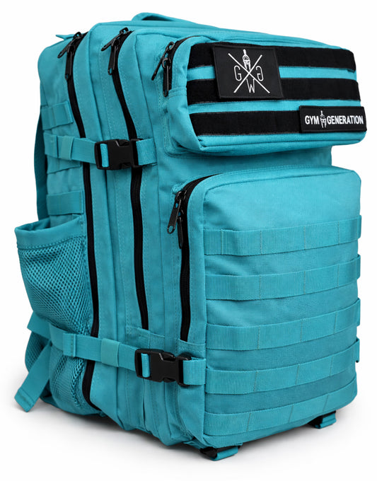 Reise- & Surf-Rucksack 45L in Türkis von Gym Generation – vielseitiger Gym-, Outdoor- & Handgepäck-Rucksack mit MOLLE-Front, Patch-Klett und Platz für Sport- & Reise-Equipment