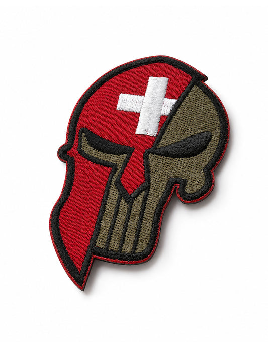 Taktischer Patch mit Schweizer Kreuz – Spartan Skull Aufnäher mit Klettverschluss für Rucksack, Jacke und Military Gear
