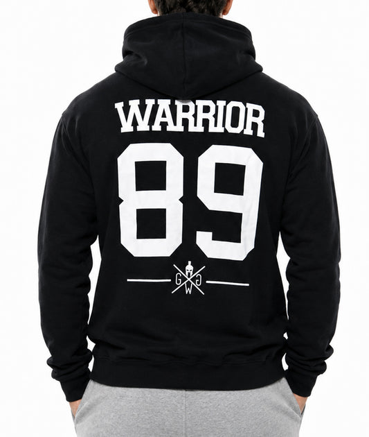 Warrior 89 Hoodie Herren Schwarz von hinten mit grosser weisser 89 und Schriftzug im College-Stil