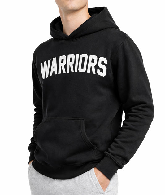 Schwarzer Gym Generation Herren Hoodie mit WARRIORS Schriftzug, Seitenansicht, Gym Hoodie für Krafttraining, Fitness, Bodybuilding und sportliche Streetwear