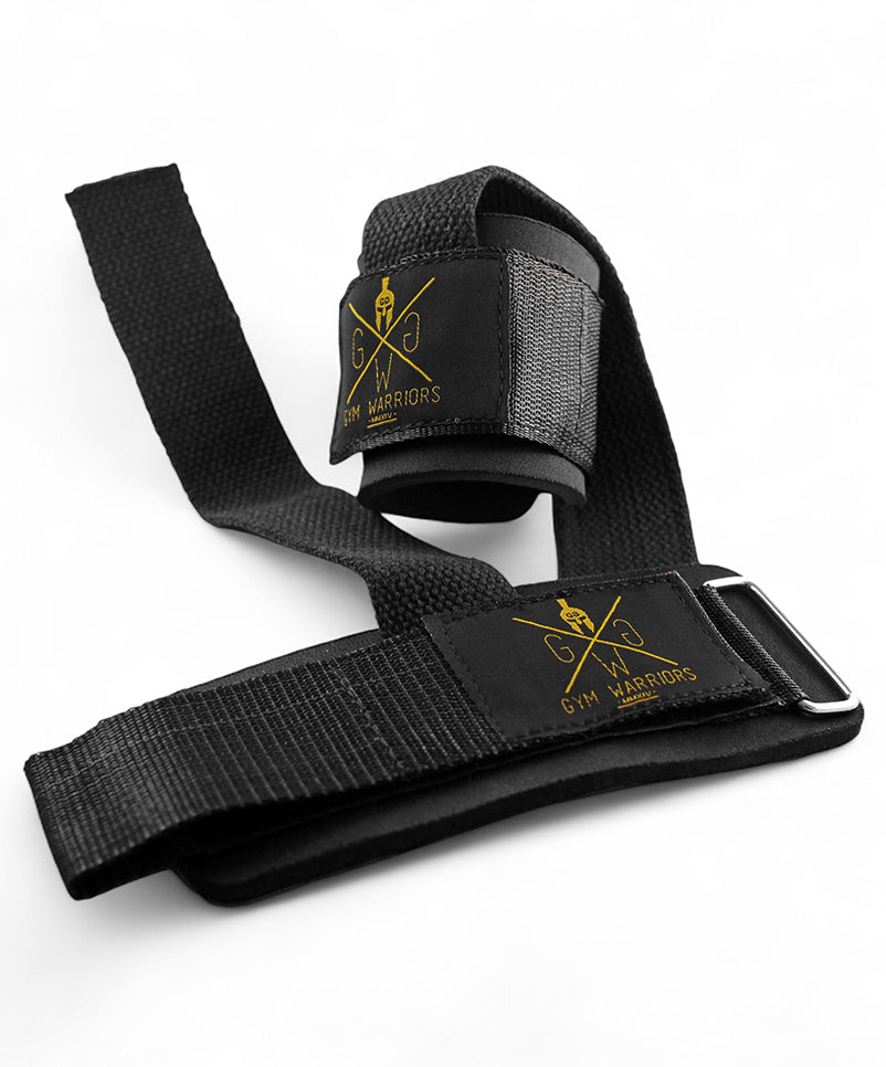 Gym Zughilfen mit Handgelenkschutz in Schwarz – Paar robuste Lifting Straps mit Polsterung und gesticktem Logo für Krafttraining und Bodybuilding