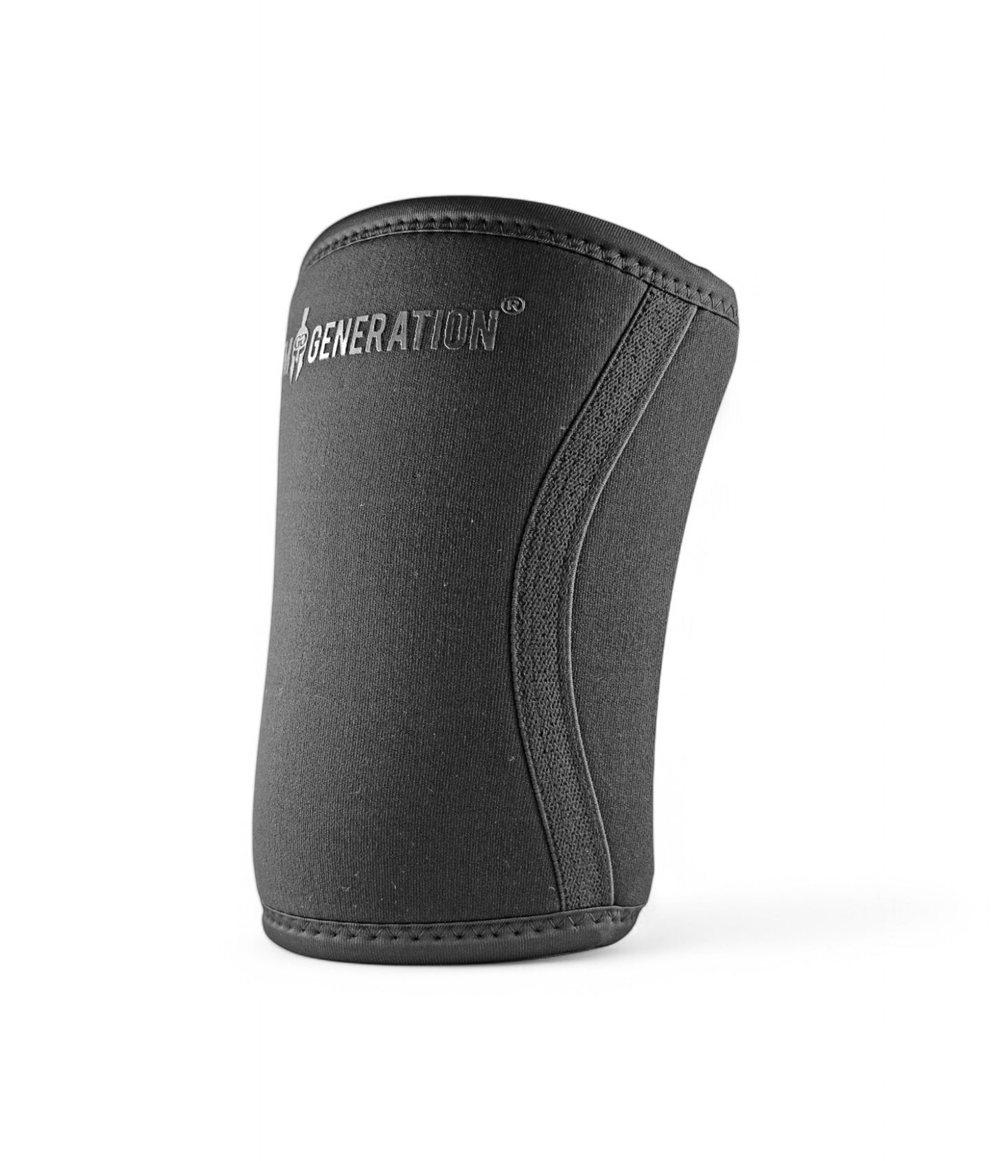 Ellenbogenbandagen Bodybuilding in 7mm Neopren, Schrägansicht mit konturierter Nahtführung in Schwarz