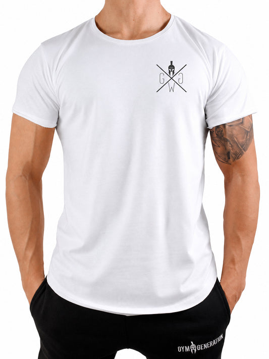 Weißes Valhalla Gym T-Shirt für Herren mit kleinem schwarzem Brustlogo von Gym Generation