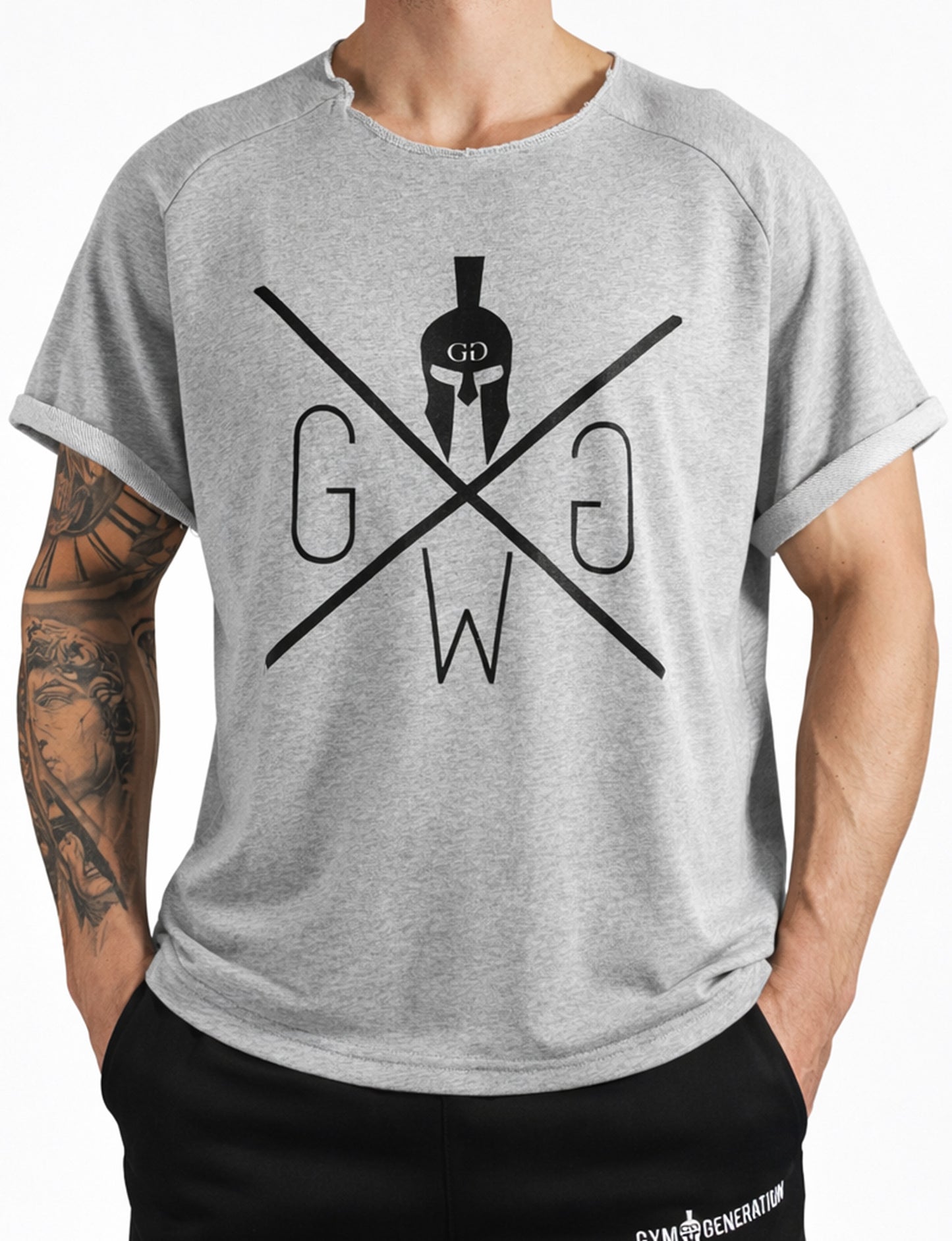 Oversized Pump Cover Shirt Herren Grau von Gym Generation mit grossem schwarzem Frontprint im Old School Bodybuilding Look