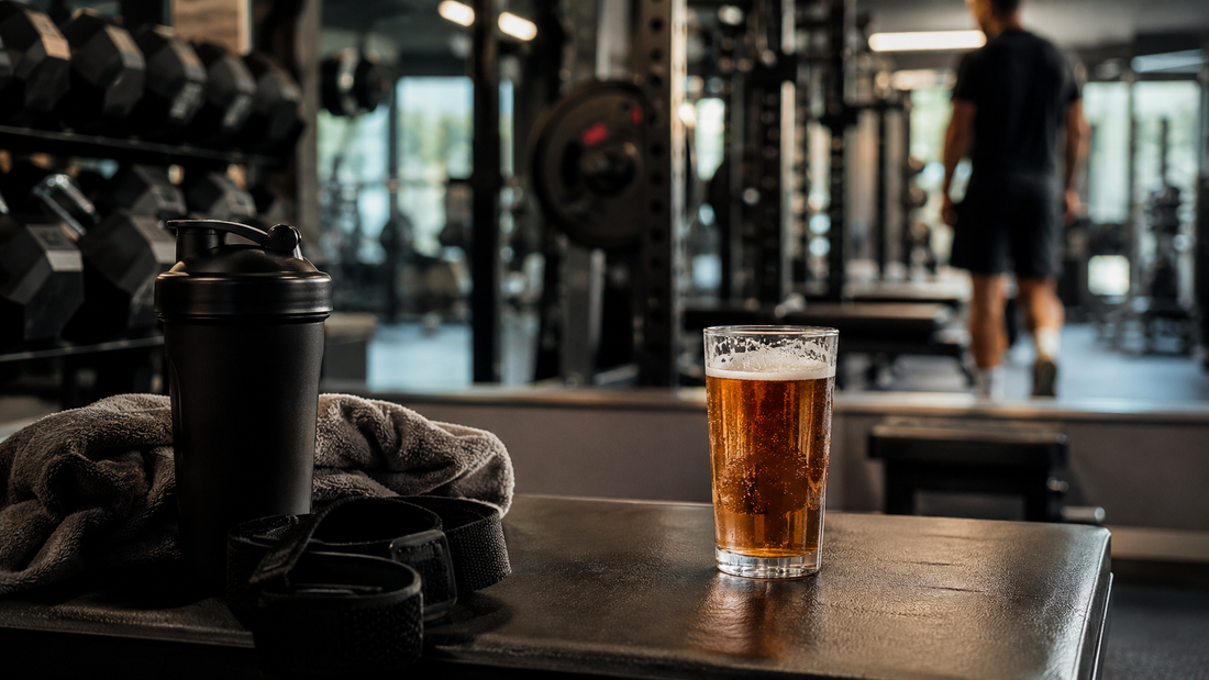 Alkohol nach dem Training: Bier im Gym als Symbol für den Einfluss von Alkohol auf Muskelaufbau und Regeneration