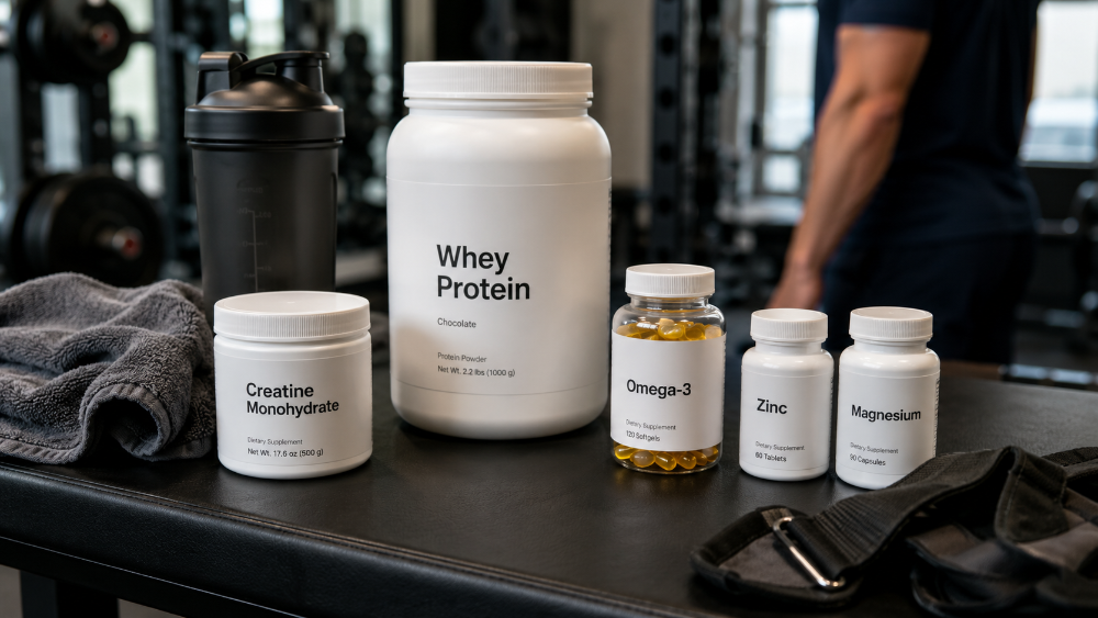 Whey Protein, Kreatin, Omega-3, Zink und Magnesium auf einer Hantelbank im Gym als wichtigste Supplements für Muskelaufbau