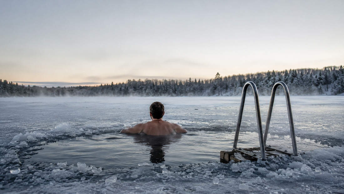 Mann beim Eisbaden in einem zugefrorenen See als Symbol für Kaltwassertherapie, Regeneration und mentale Stärke