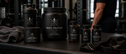 Gym Generation Fitness Supplements mit Whey Protein, Creatine, Omega-3, Zink und Magnesium als Premium Produkt-Setup für Muskelaufbau und Regeneration.