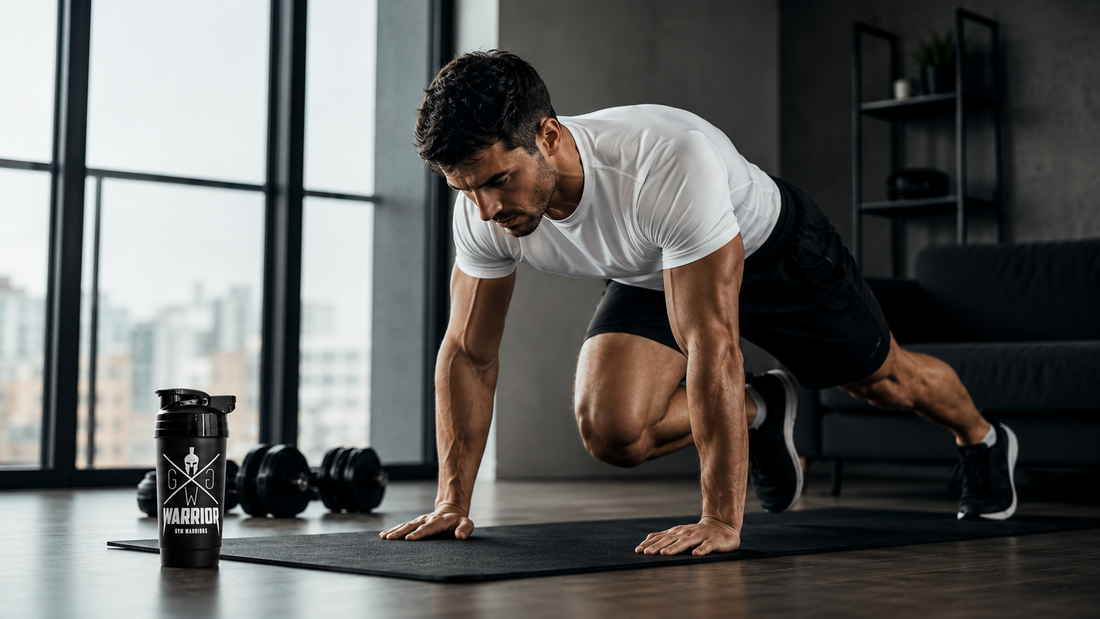 Athlet beim intensiven Bodyweight Training zuhause mit Gym Warriors Shaker, Kurzhanteln und Trainingsmatte in moderner Loft-Atmosphäre.