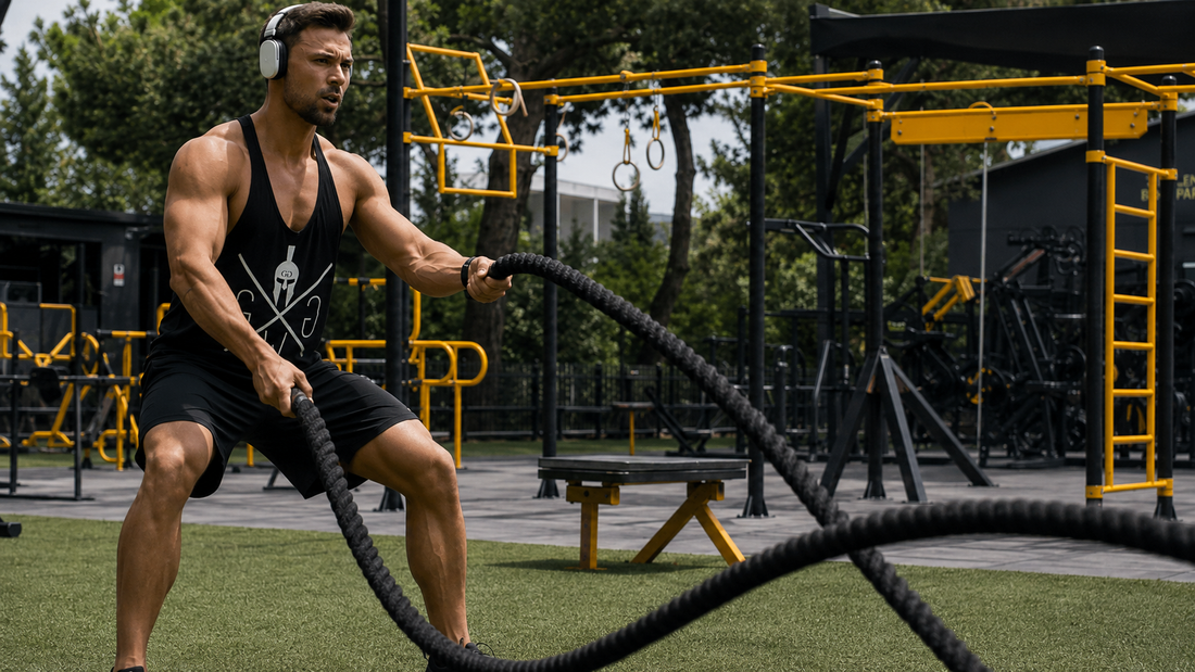 Mann im Gym Warriors Tank Top trainiert Battle Ropes im Outdoor Gym für Kraft, Ausdauer und funktionelles Training