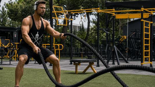 Mann im Gym Warriors Tank Top trainiert Battle Ropes im Outdoor Gym für Kraft, Ausdauer und funktionelles Training