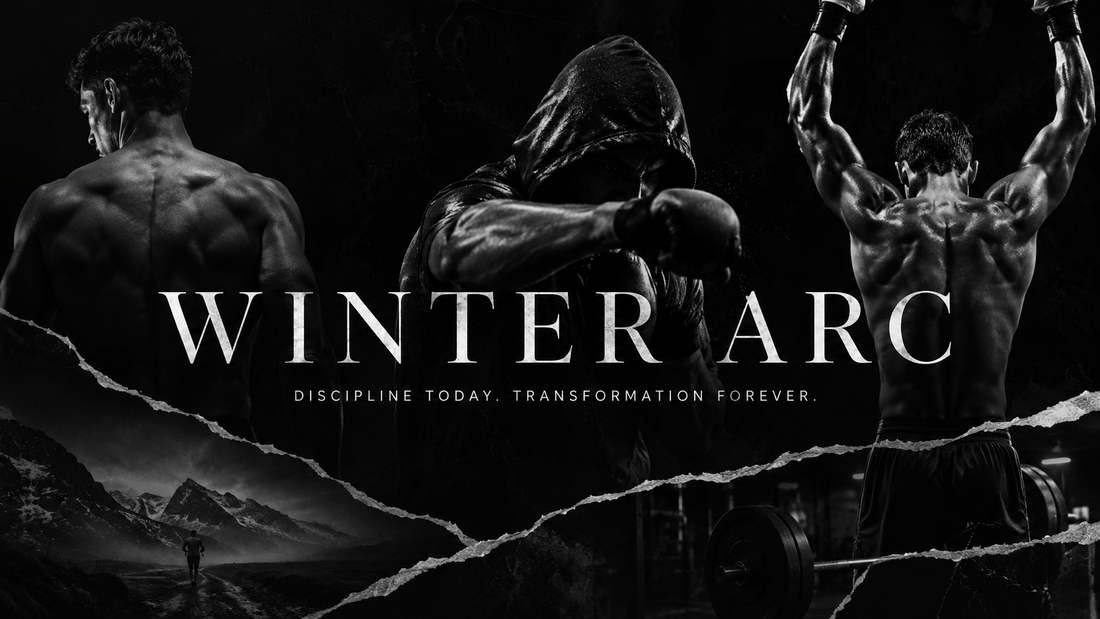 Schwarz-weisses Winter Arc Motiv mit Boxer, Läufer und muskulösen Athleten als Symbol für Disziplin, Transformation und mentale Stärke