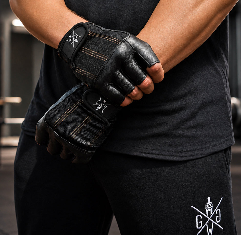 Mann trägt schwarze Fitness Handschuhe aus Leder mit Gym Warriors Logo beim Training – Gym Generation