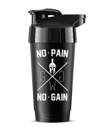 Vorderansicht des Protein Shakers mit No Pain No Gain Design in Schwarz