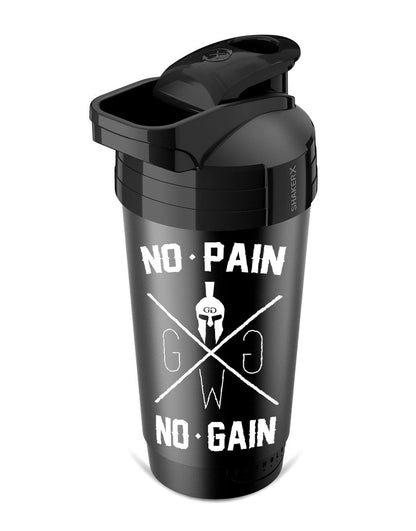 Seitenansicht des Protein Shakers mit No Pain No Gain Design in Schwarz