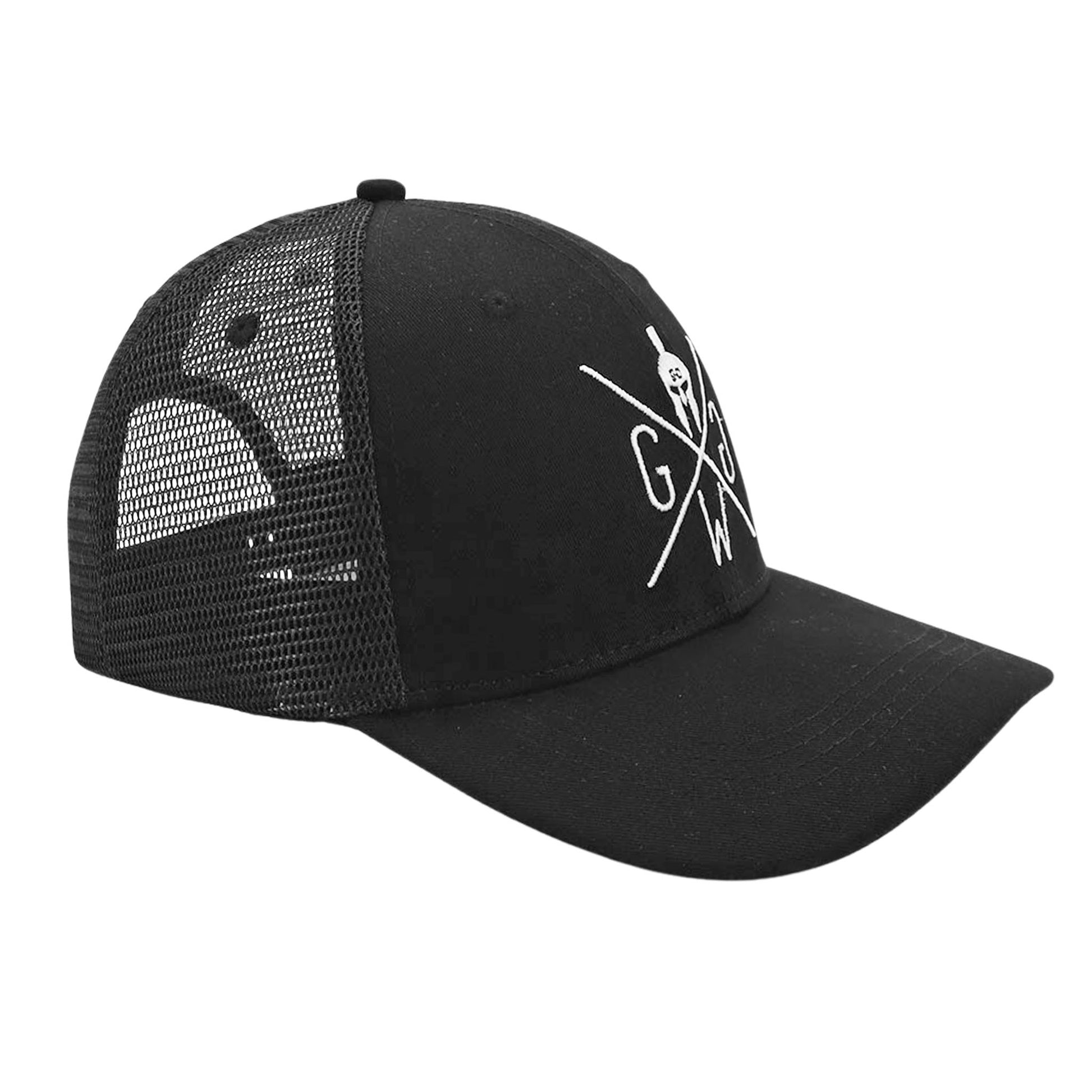 Schräge Ansicht der Trucker Cap "Venice" in Schwarz, sportlich und modern